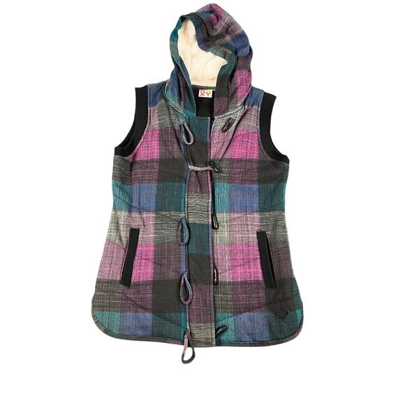 Roxy Women's Colorful Plaid Hooded Vest Medium Zip Up  * - Picture 1 of 8